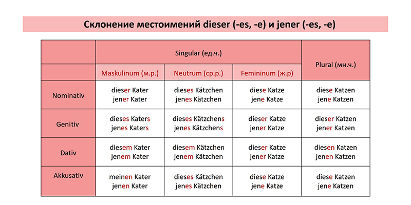 Склонение местоимений в немецком, таблица