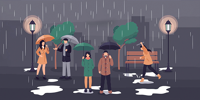 Дождь, люди с зонтами