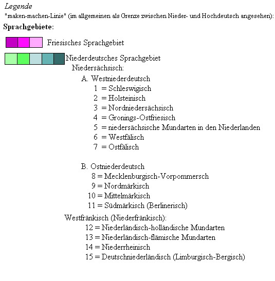 Легенда, карта распространения немецких диалектов