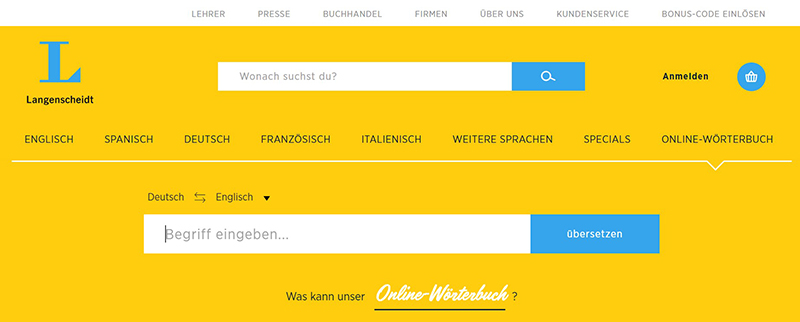 Словарь Langenscheidt онлайн, снимок экрана