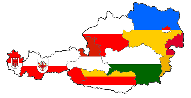 Карта Австрии с флагами земель